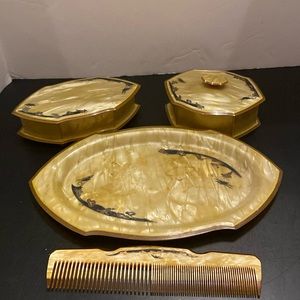 VTG Hampton Arch Bakelite Celluloid art deco vanity set tray comb powder box